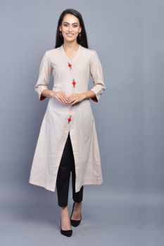 Beige Embroidered Cotton Kurta