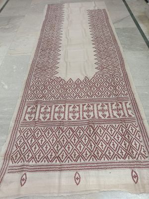 off White Brick Red Pure Handloom Kantha Silk Saree From Bengal