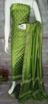 Leaf Green Katan Slub Block Print Suit Dress Material