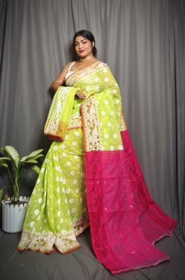 Parrot Green Pure Handloom Dhakai Jamdani Saree From Bengal