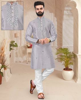 Men Hit Grey Silk Kurta Mirror Work Original kurta