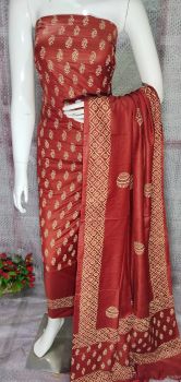 Red Katan Slub Block Print Suit Dress Material