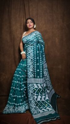 Teal Pure Handloom Dhakai Jamdani Saree From Bengal
