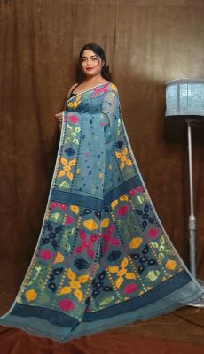 Teal Gray Pure Handloom Dhakai Jamdani Saree From Bengal