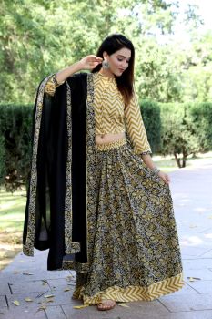 Black Light Yellow Hand Block Printed Cotton Top Skirt With Dupatta