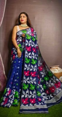 Navy Blue Pure Handloom Dhakai Jamdan Saree From Bengal