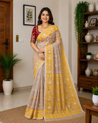 Light Gray Pure Handloom Dhakai Jamdani Saree From Bengal