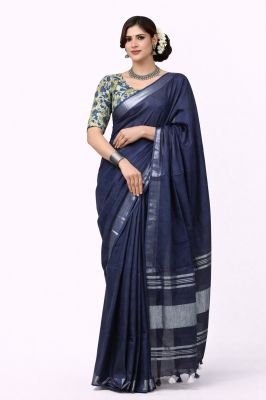 Women's Graceful Navy Blue Pure Linen Saree–Traditional Handloom