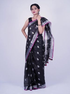 Black Pure Handloom Linen Saree From Bhagalpur