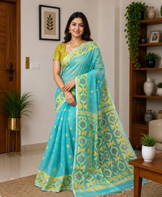 Sky Blue Pure Handloom Dhakai Jamdani Saree From Bengal