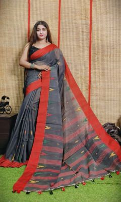 Gray Pure Handloom Silk Cotton Saree From Bengal