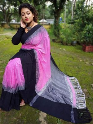 Pink Pure Handloom Cotton Saree From Bengal