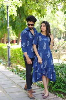 Royal Blue Hand Block Printed Designer Pure Cotton Couple Set