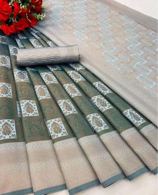 Gray Pure Handloom Silk Cotton Saree From Banaras
