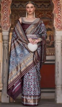 Sea Blue Flower Design Handloom Banarasi Silk Saree From Banaras