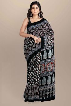 Black Hand Block Cotton Pure Handloom Flower Design Saree