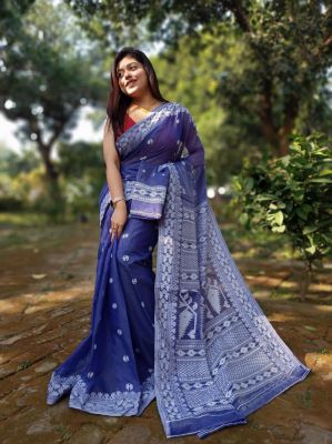 Navy Blue Pure Handloom Dhakai Jamdani Saree From Bengal