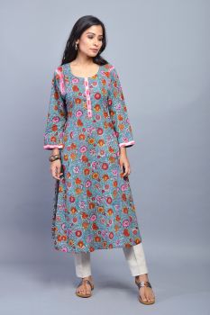 Turquoise Kalamkari Cotton Kurta
