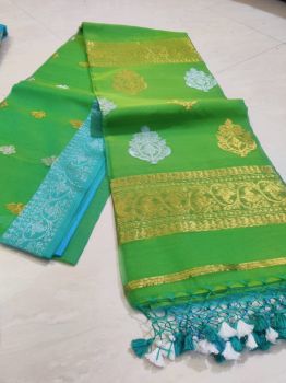 Blue Pure Handloom Dhakai Jamdani Resham Saree From Bengal