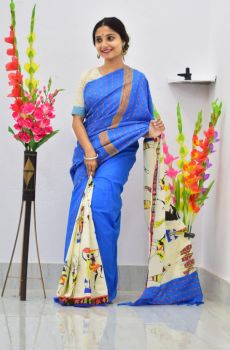 Royal Blue Pure Handloom Khesh Cotton Saree From Bengal