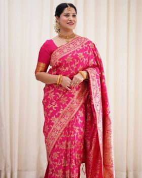 Rani Flower Golden Zari Work Banarasi Soft Silk Saree