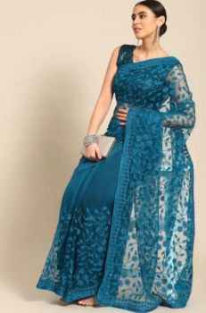 Teal Blue Embroidery Work Net Saree From Banaras