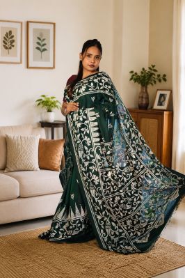 Black Pure Semi Silk Kanthastitch Saree From Bengal