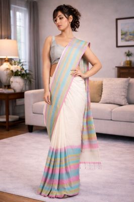 White Pure Handloom Soft Cotton Saree From Bengal