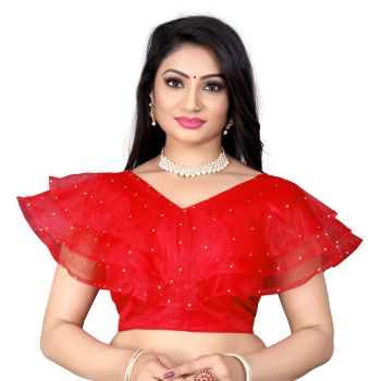 Red Nylon Silk Net With Mirror Work Blouse