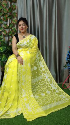 Lemon Yellow Pure Handloom Dhakai Jamdani Saree From Bengal