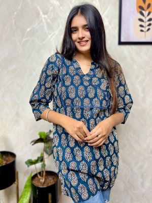 Blue Grey Pure Handloom Printed Kurti From Bengal