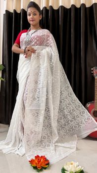 White Buti Design Pure Handloom Dhakai Jamdani Saree