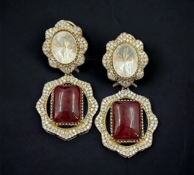 Moissanite Polkis And Red Stone Earings Uncut Diamond