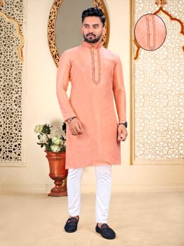 Men Hit Pink Silk Embroidery Work Neck Pattern kurta