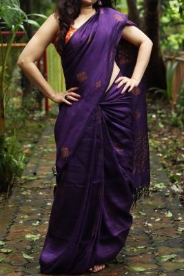 Purple Pure Handloom Linen By Linen Saree From Bengal