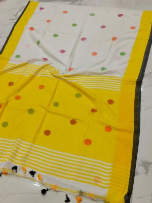 White Yellow Pure Handloom Cotton Saree From Bengal