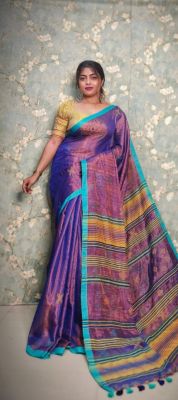 Light Blue Pure Handloom Tissue Silk Saree From Bengal