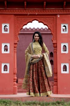 Yellow Red Hand Block Printed Cotton Top Skirt With Dupatta