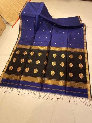 Blue Black Pure Handloom Maheshwari Silk Cotton Saree From Bengal