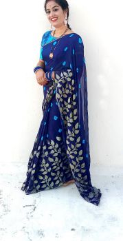 Blue Leaf Zari Work Georgette Saree