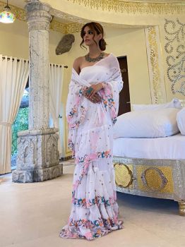 White Sequence Work Georgette Saree With Stylish Three Layer Frill
