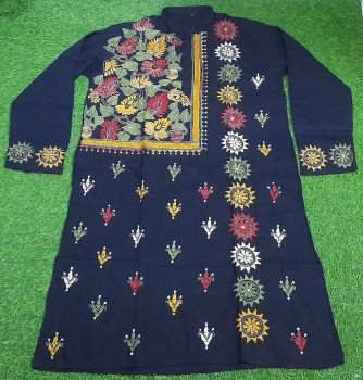 Dark Blue Man Kantha Stitch Cotton Kurta