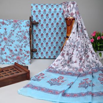 Blue Hosta Pure Handloom Suit With Cotton Dupatta