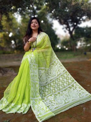 Parrot Green Pure Handloom Dhakai Jamdani Saree From Bengal