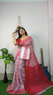 Red White Pure Handloom Cotton Saree From Bengal