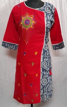Red Pure Handloom Kantha Stitch Kurti From Bengal