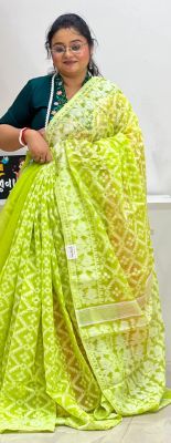 Parrot Green Pure Handloom Dhakai Jamdani Saree From Bengal
