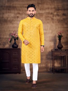 Men Yellow Cotton Kurta Mirror Work Original kurta