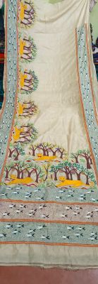 Cream Pure Handloom Kantha Silk Saree From Bengal