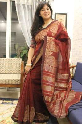 Red Wine Pure Handloom Linen By Linen Saree From Bengal